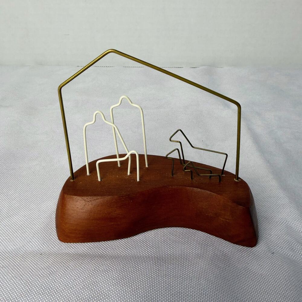 Midcentury Modern Minimalist Nativity Scene Wood Base Brass Wire Abstract Signed